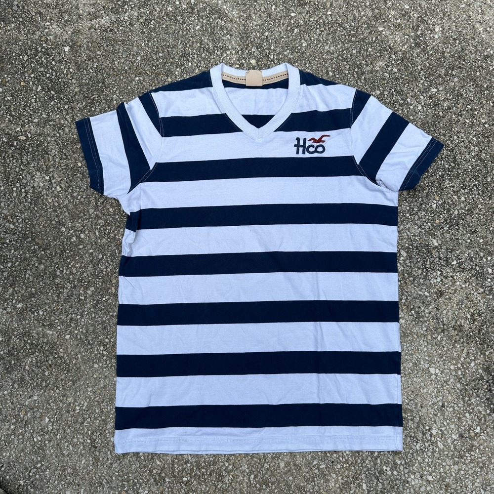 Vtg Hollister Men V-Neck T-Shirt Medium Navy Blue White Striped HCo Seagull Logo